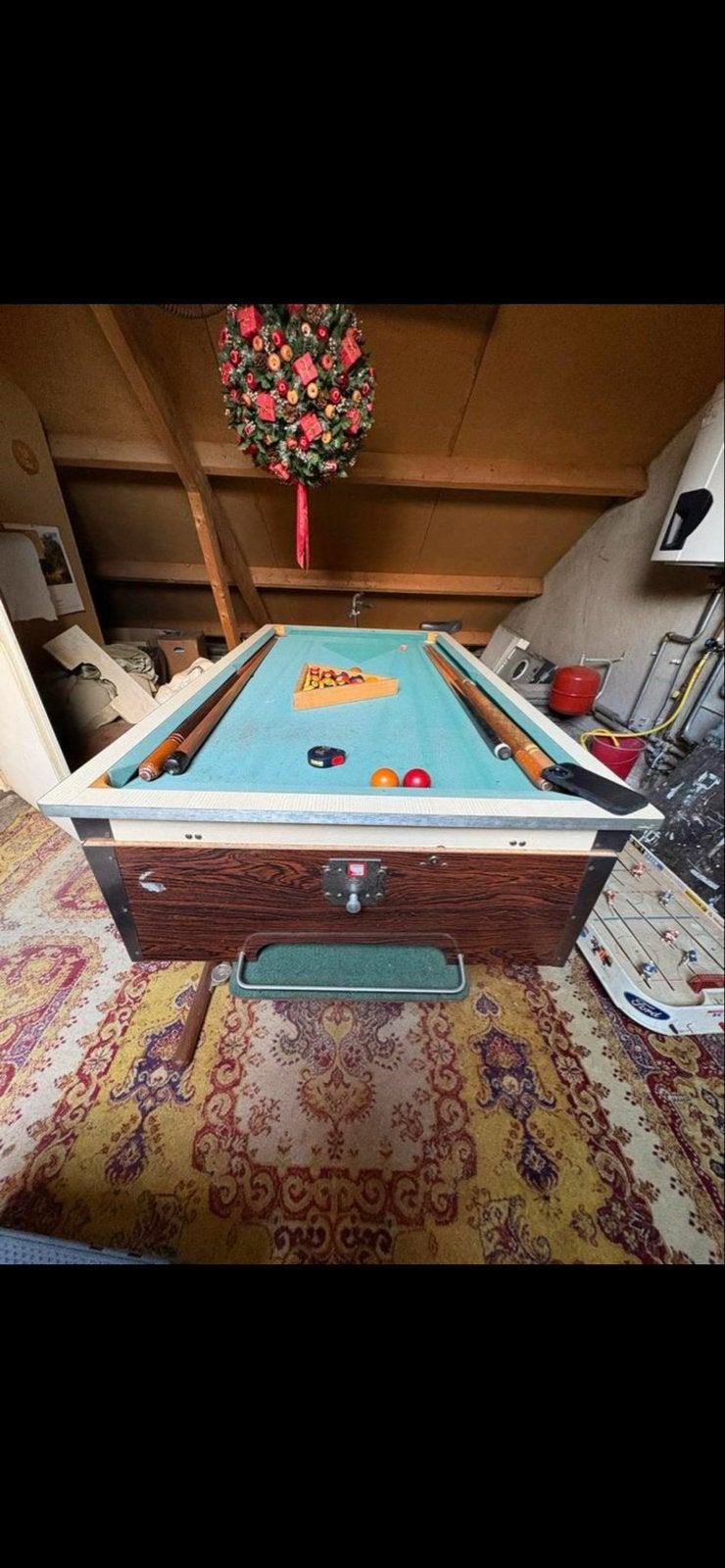 Antieke Pool/Snookertafel met muntinworp op wielen, Een of twee spelers, Ophalen, Gebruikt