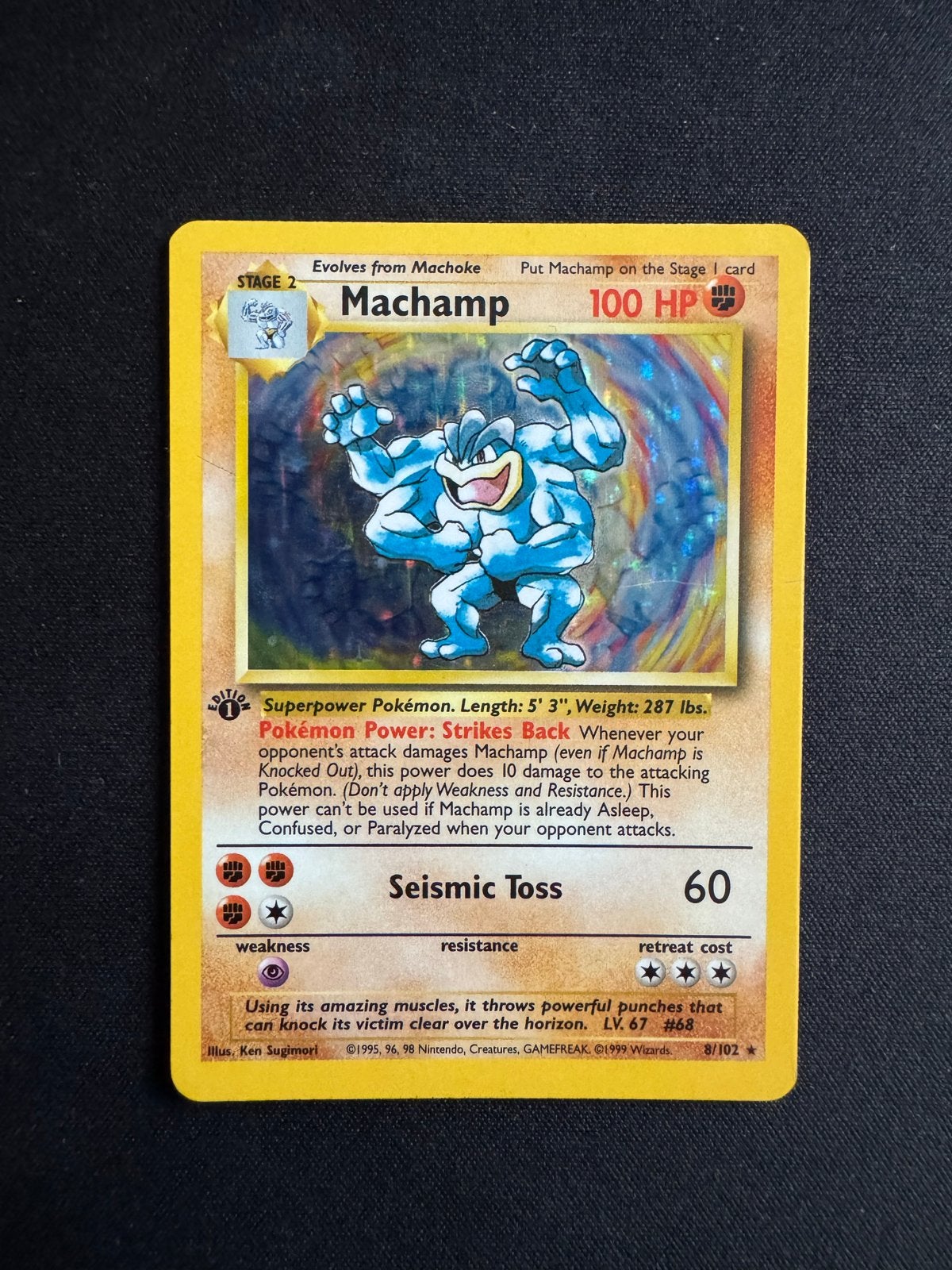 Machamp Pokémon kaart 8/102 Holo (1999), Hobby en Vrije tijd, Verzamelkaartspellen | Pokémon, Ophalen of Verzenden, Gebruikt, Losse kaart