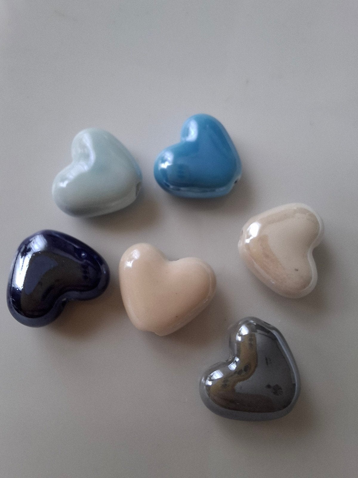 6 stuks keramiek glaskralen hartjes wit blauw grijs kralen, Kraal, -, -, Nieuw