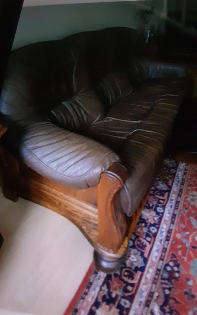 Eiken leren bankstel, Ophalen, Driepersoons, 75 tot 100 cm, Zo goed als nieuw