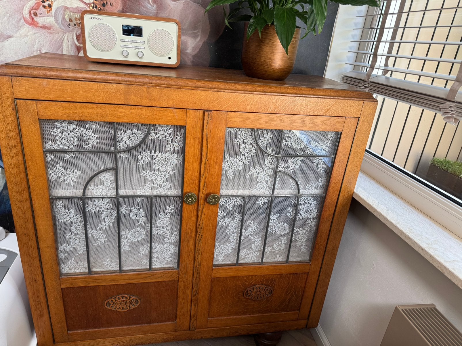 Antiek kastje met glas in lood, Ophalen, Glas, 100 tot 150 cm, 50 tot 100 cm