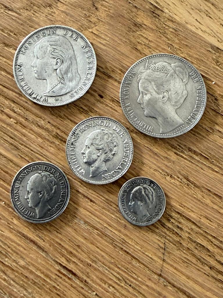 5 zilveren Ned. munten van. Fl 1, Fl ½, Fl ¼ en 10 cent, Postzegels en Munten, Munten | Nederland, Ophalen of Verzenden, Koningin Wilhelmina