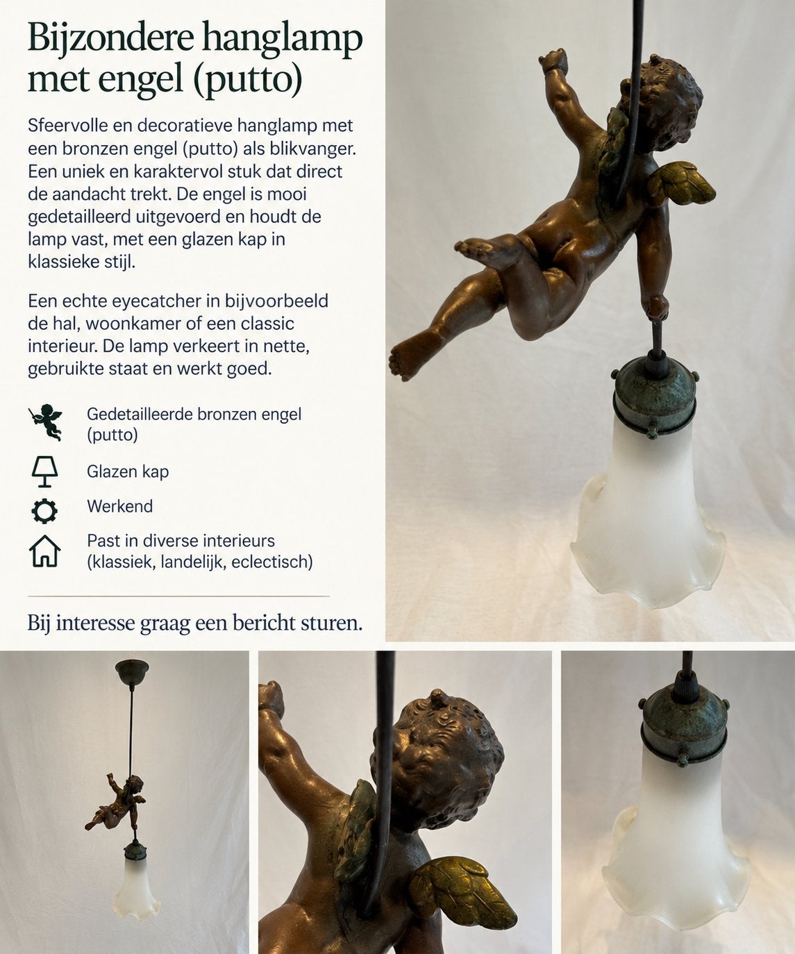 Art Nouveau/Jugendstil hanglampje met engel en glazen kap, Antiek en Kunst, Antiek | Lampen, Ophalen of Verzenden