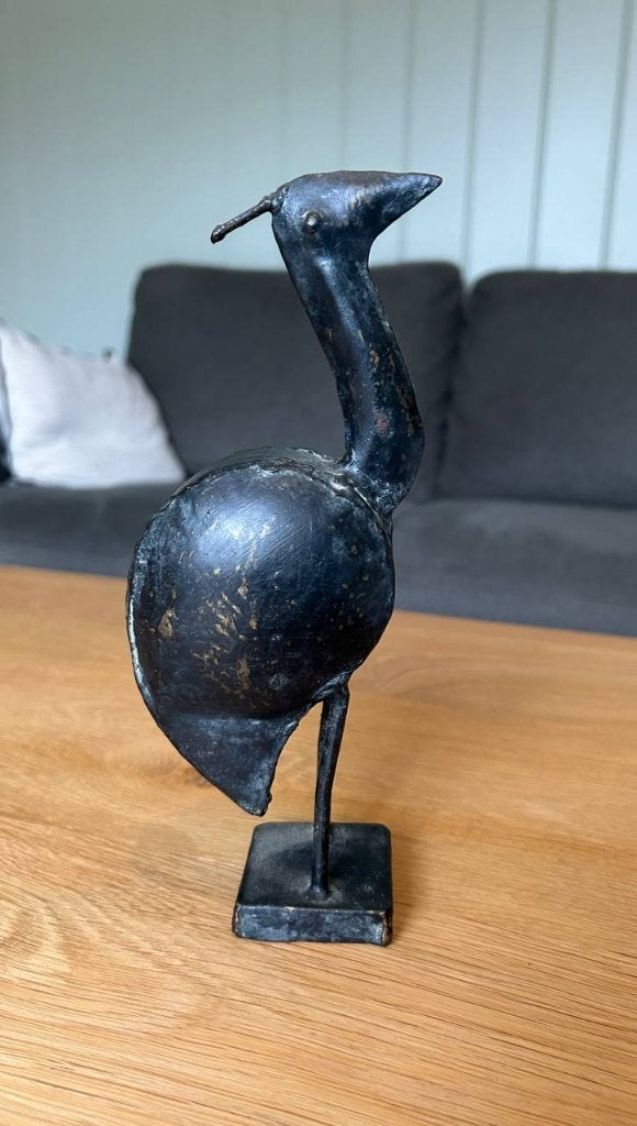 Vintage metalen (kraan)vogel, Ophalen, Op sokkel, Beeld, Metaal