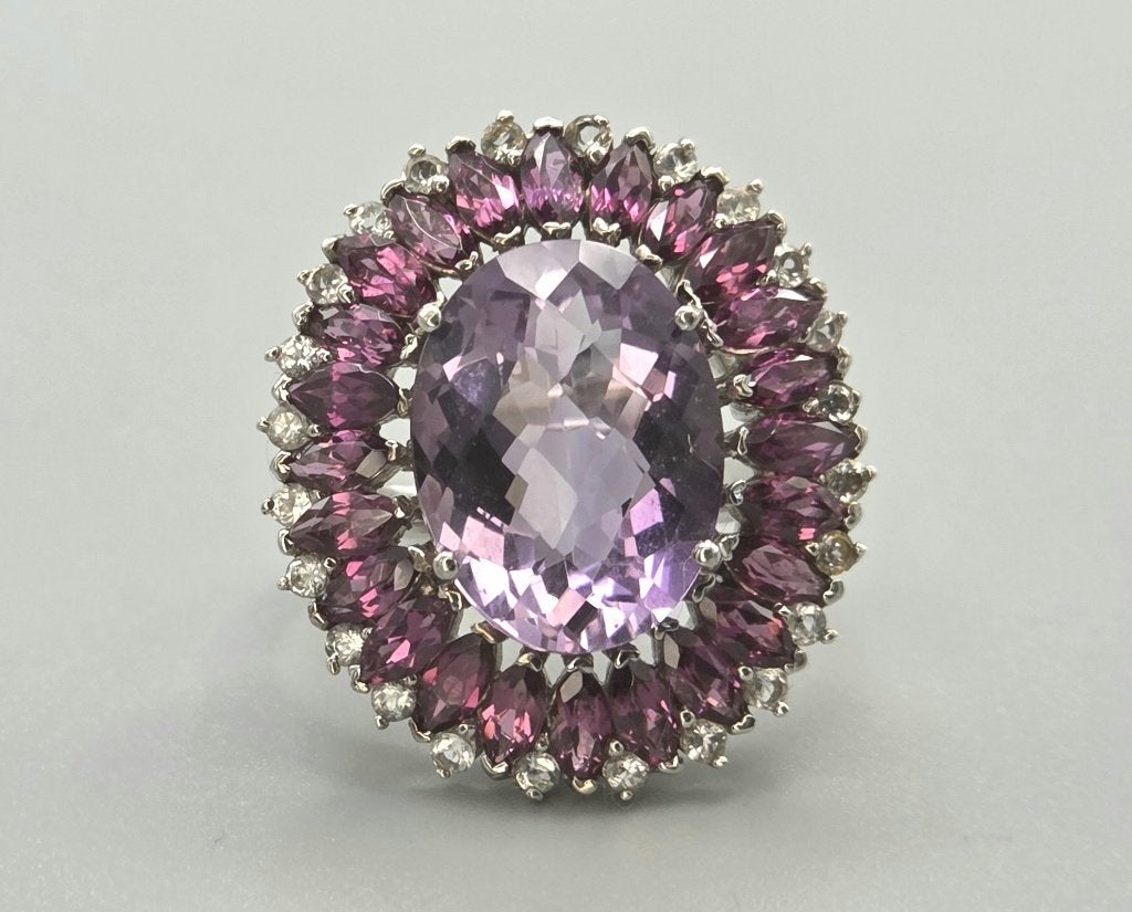 Vintage ring amethist, toermalijn en witte topaas. 2026/418, 18 tot 19, ., Paars, Ophalen of Verzenden