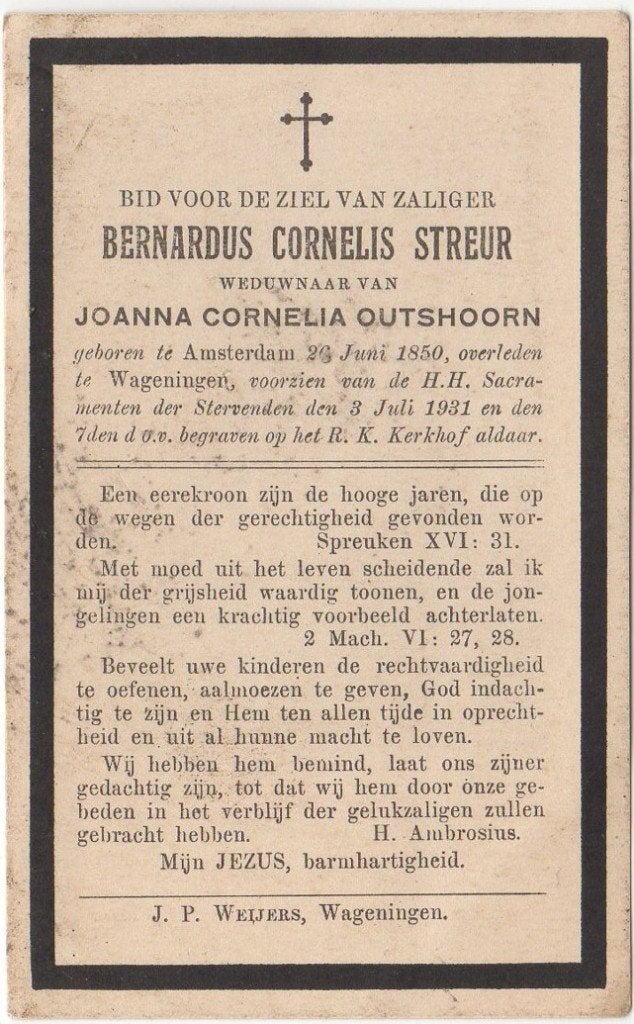 Bernardus C. Streur 1850 Amsterdam + 1931 Wageningen, 81 jr, Ophalen of Verzenden