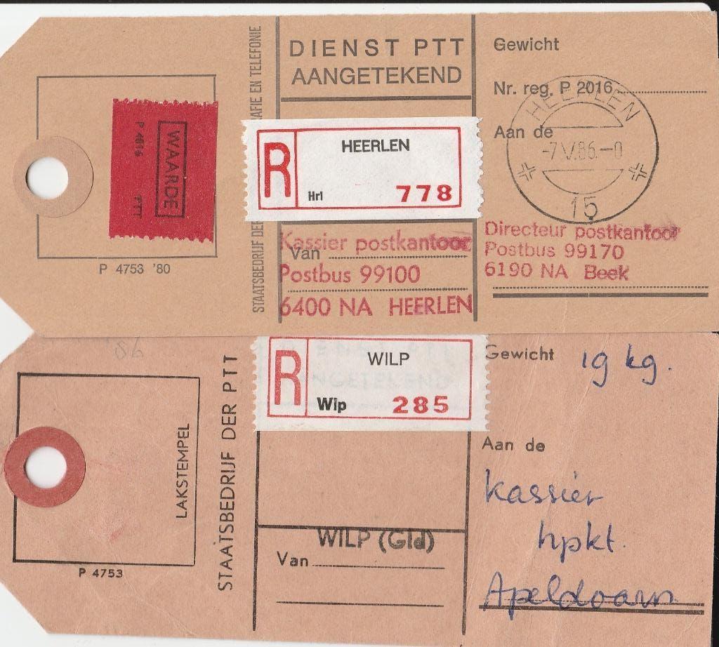 WILP en HEERLEN 1986 Dienst PTT Labels aangetekend, Ophalen of Verzenden, Voor 1920, Gelopen, Limburg