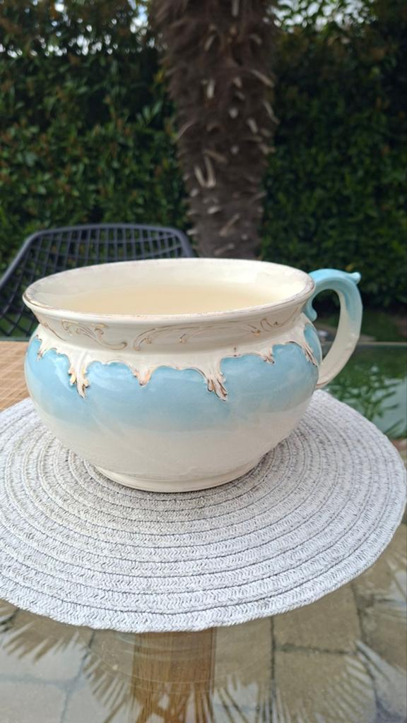 Decoratieve bloempot met handvat - Blauw/Crème, Ophalen of Verzenden