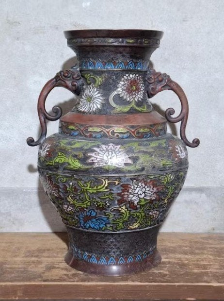 Oude antieke Chinese Cloisonne Campleve bronzen vaas emaille, Ophalen of Verzenden