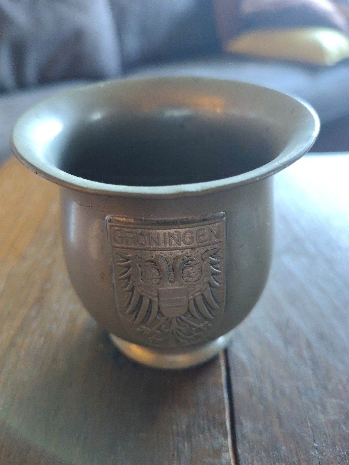 tinnen beker met wapen van Groningen, 7.5 cm, Ophalen of Verzenden