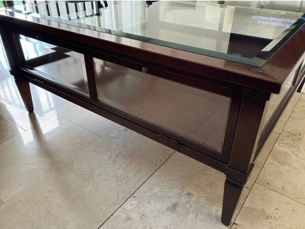 GRATIS salontafel / vitrine / kersenhout /erg mooi, Ophalen, 50 – 75, 100 tot 150 cm, Vierkant