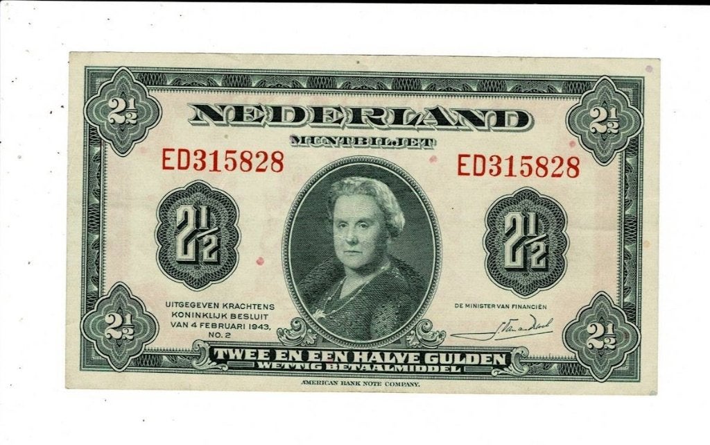 Muntbiljet 2 1/2 gulden 1943 Wilhelmina - ABNC, Verzenden, 1 gulden