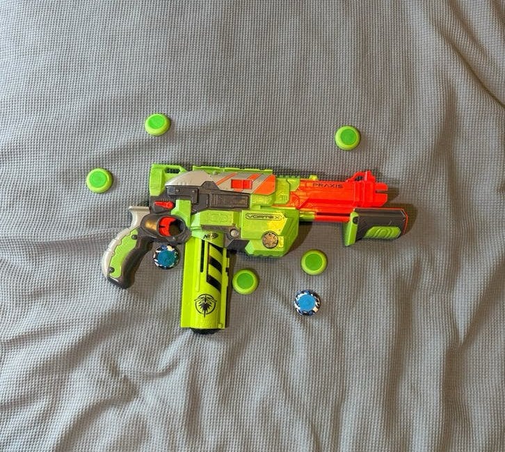 Nerf Vortex Praxis Blaster met schijfjes, Ophalen, Gebruikt