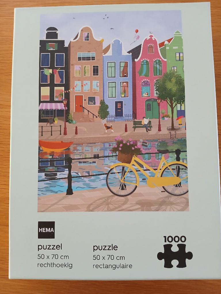 Te koop glanzende Hema legpuzzel grachtenpanden,1000 stukjes, Ophalen, 500 t/m 1500 stukjes, Zo goed als nieuw, Legpuzzel