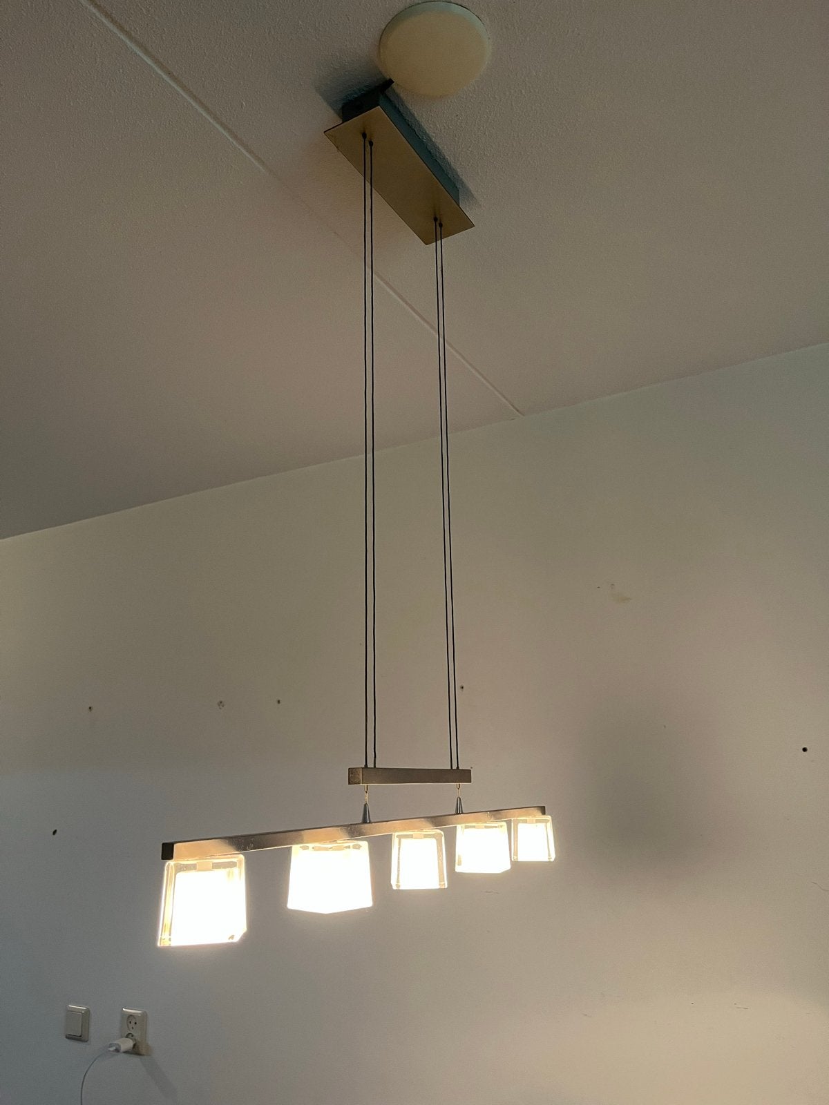 Moderne hanglamp met 5 glazen kubussen, Ophalen, Gebruikt, Glas, E14 (klein)