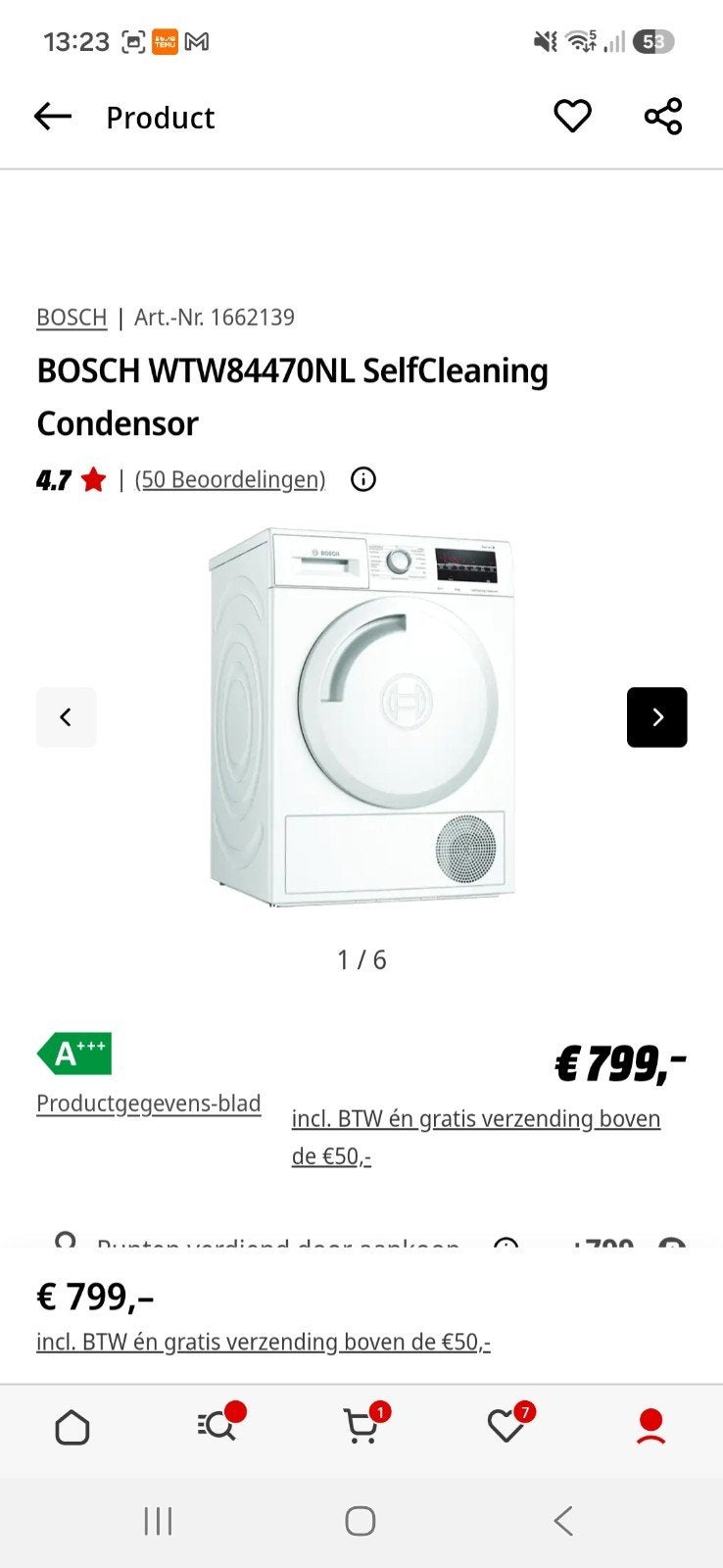 BOSCH WTW84470NL SelfCleaning Condensor droger, Witgoed en Apparatuur, Ophalen, 6 tot 8 kg, Gebruikt, Voorlader