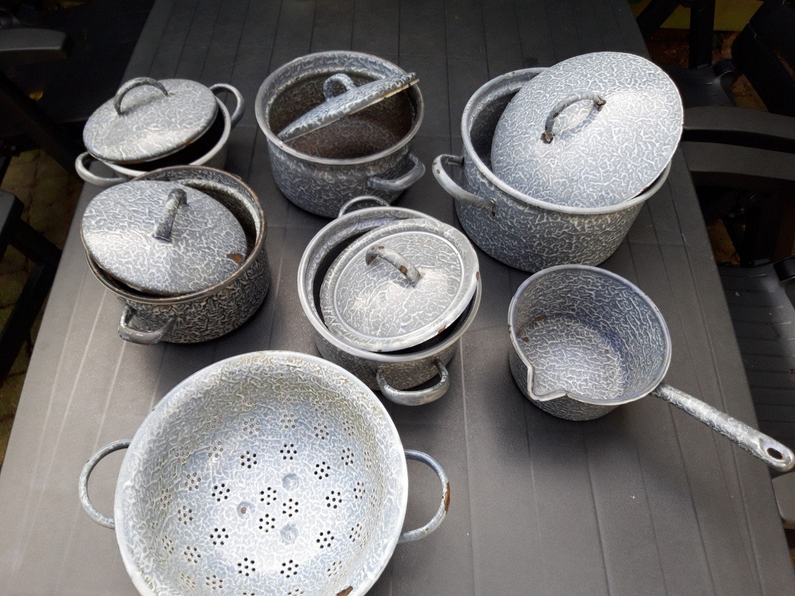 Set emaille 6 pannen en vergiet., Ophalen, Gebruikt, Emaille, Kookpan
