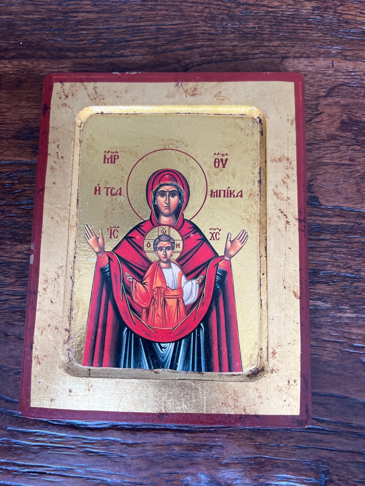 Byzantijns icoon van Maria met Kind, handgemaakt, Antiek en Kunst, Antiek | Religie, Ophalen of Verzenden