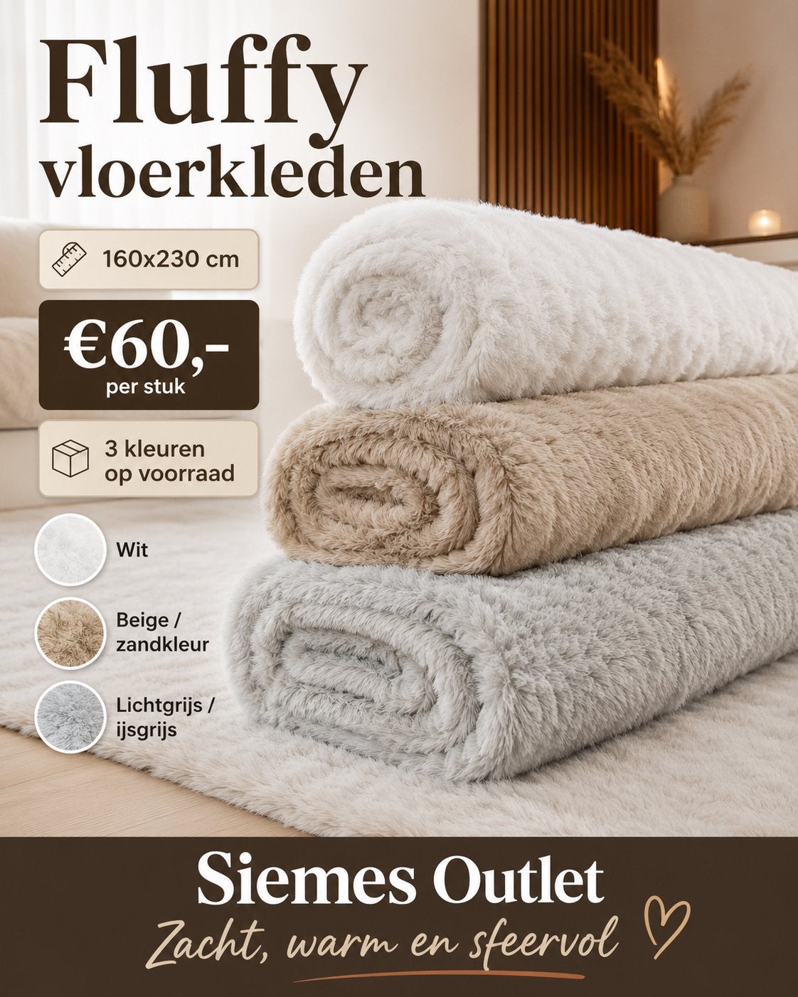 Fluffy vloerkleden 160x230 cm – NIEUW!, Ophalen, Beige, 150 tot 200 cm, Rechthoekig
