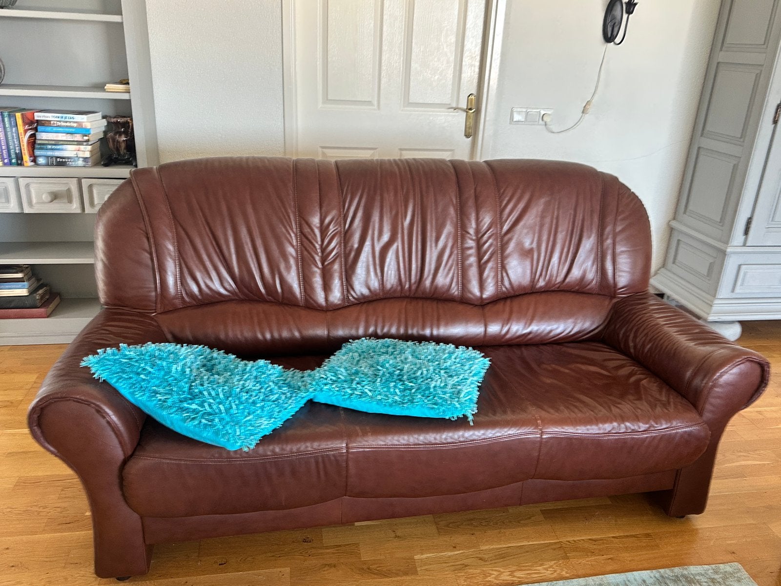 Leren 3-zitsbabk, 2-zitsbank en fauteuil - Bruin, Huis en Inrichting, Banken | Bankstellen, Ophalen, Gebruikt, 150 tot 200 cm