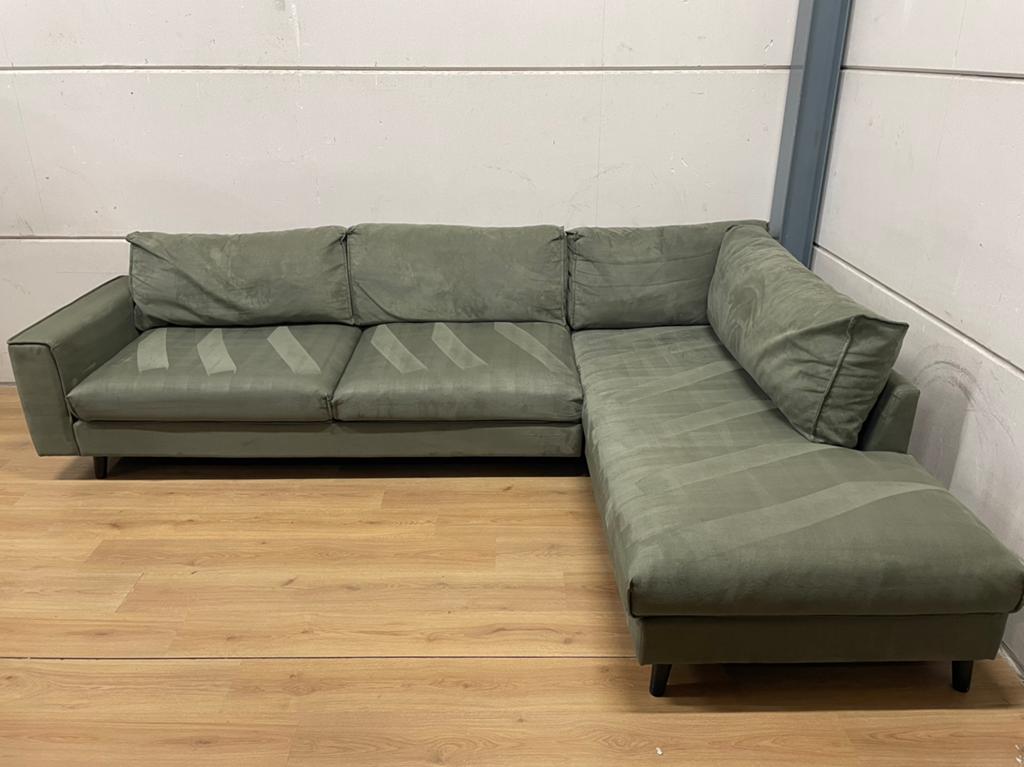 Mooie luxe suede groene goossens hoekbank - GEREINIGD!!!, Huis en Inrichting, Banken | Bankstellen, Ophalen, Gebruikt, Luxe, Hoekbank