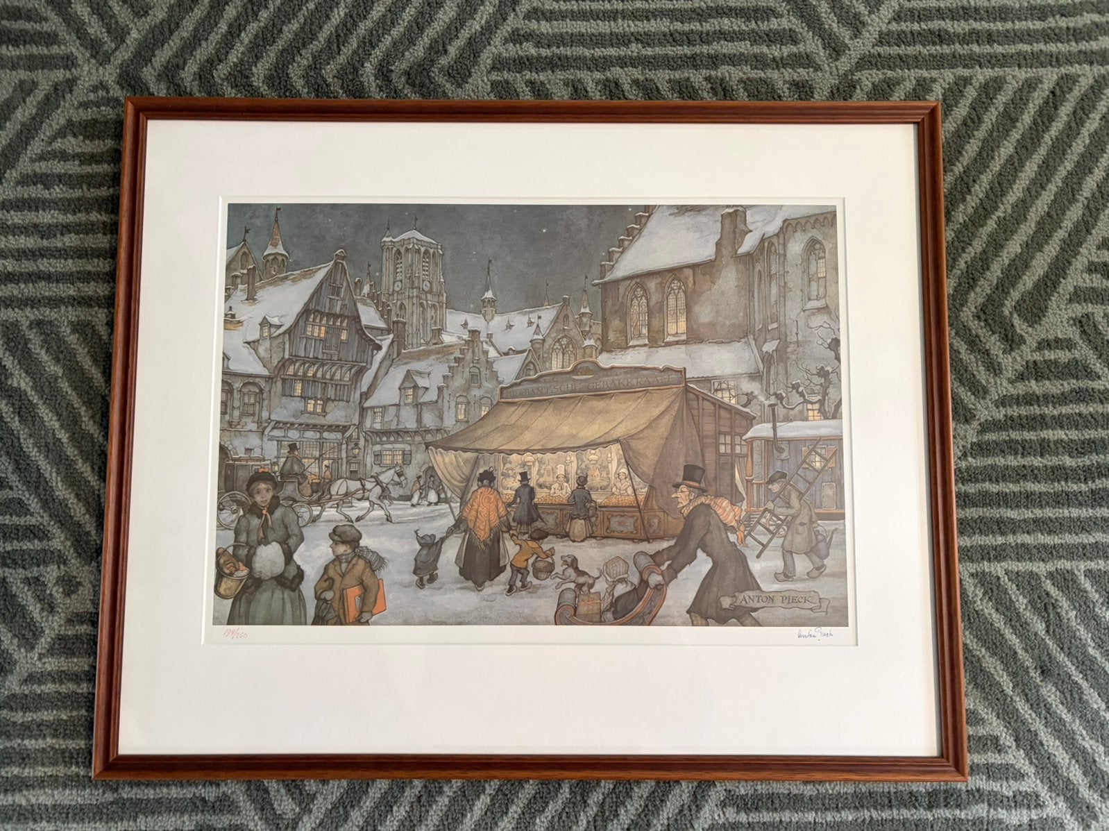 Anton Pieck Lithografie De Oliebollenkraam, Ophalen, Reproductie, Lithografie, Met ophangsysteem