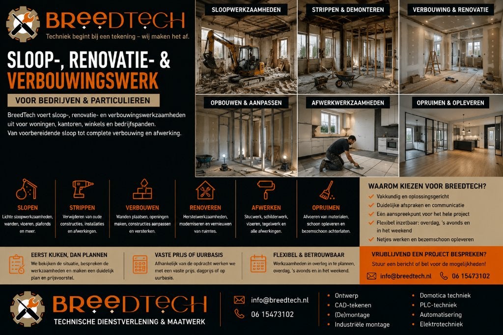 Sloop-, renovatie- & verbouwingswerk | BreedTech, Overige uren, Overige niveaus, Vanaf 10 jaar, Freelance of Uitzendbasis
