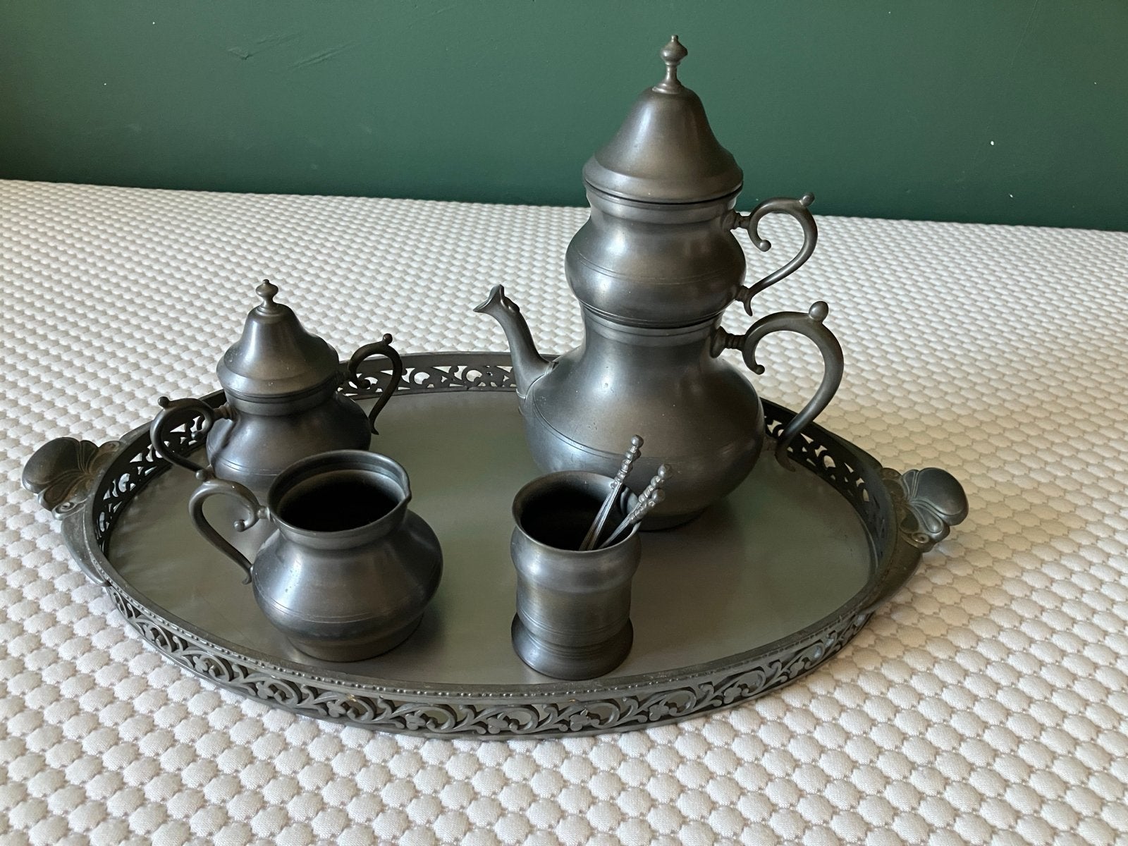 Zilvertin koffieset met dienblad - compleet en elegant, Antiek en Kunst, Ophalen of Verzenden