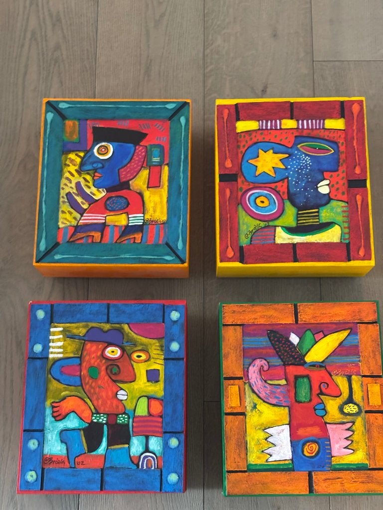Set van 4 originele schilderijblokken van Clemens Briels, Antiek en Kunst, Ophalen, Abstract, Acrylverf, Hout