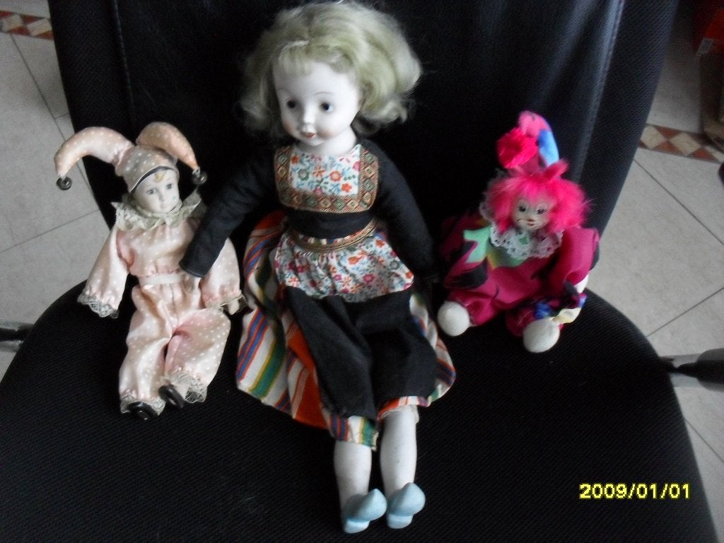 Vintage poppen set: 3 unieke poppen, waaronder harlekijn, Verzamelen, Ophalen, Gebruikt, Pop