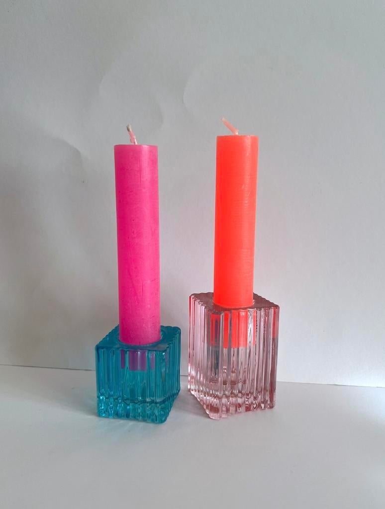 Set gekleurde glazen kandelaars vintage stijl Daan Kromhout, Daan Kromhout, Nieuw, Ophalen of Verzenden, Overige materialen