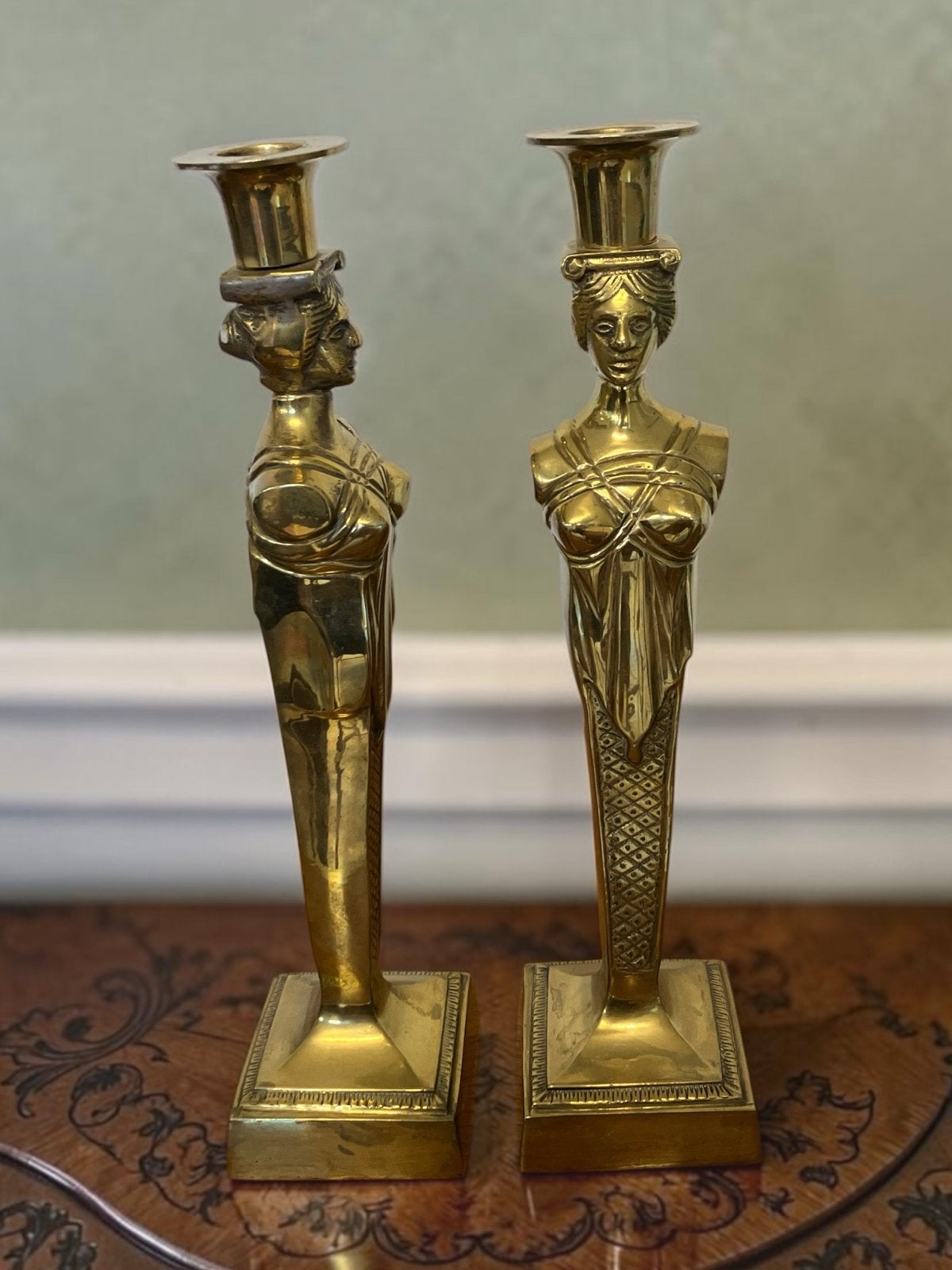 Vintage Empire Stijl Messing Kandelaars - Set, Ophalen of Verzenden, Koper of Brons