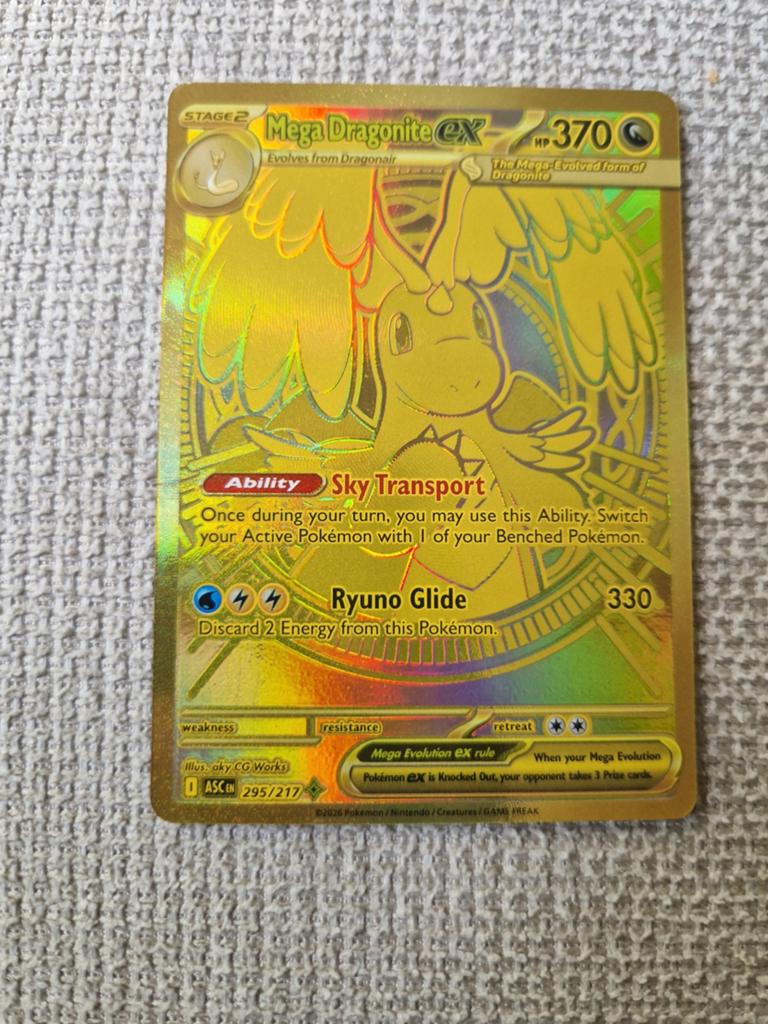 Mega Dragonite EX Pokémon Kaart - Full Art Gold Foil, Ophalen of Verzenden, Zo goed als nieuw, Losse kaart, Foil