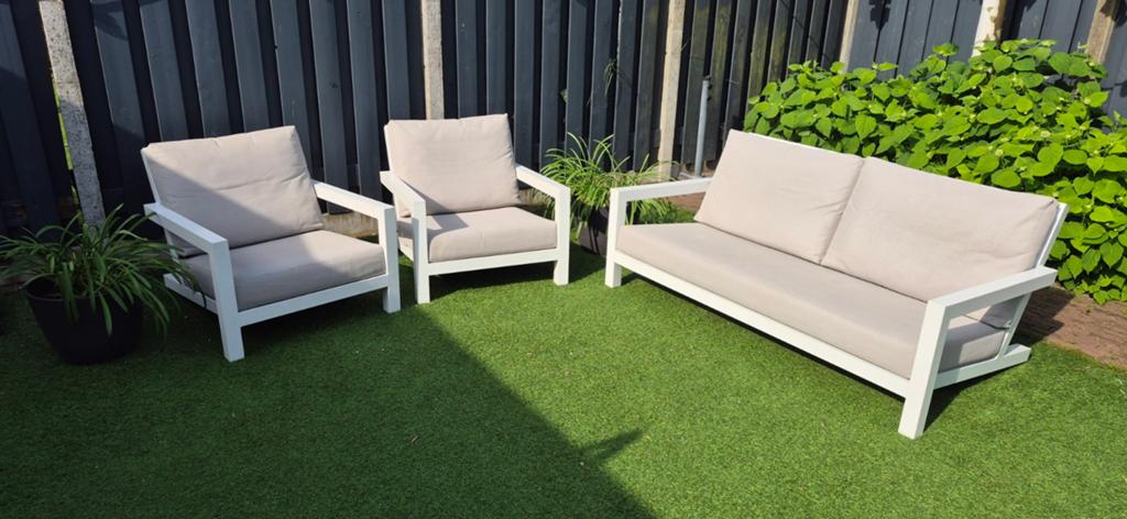 Loungeset, bank en 2 fauteuils., Ophalen, Zo goed als nieuw, Textileen