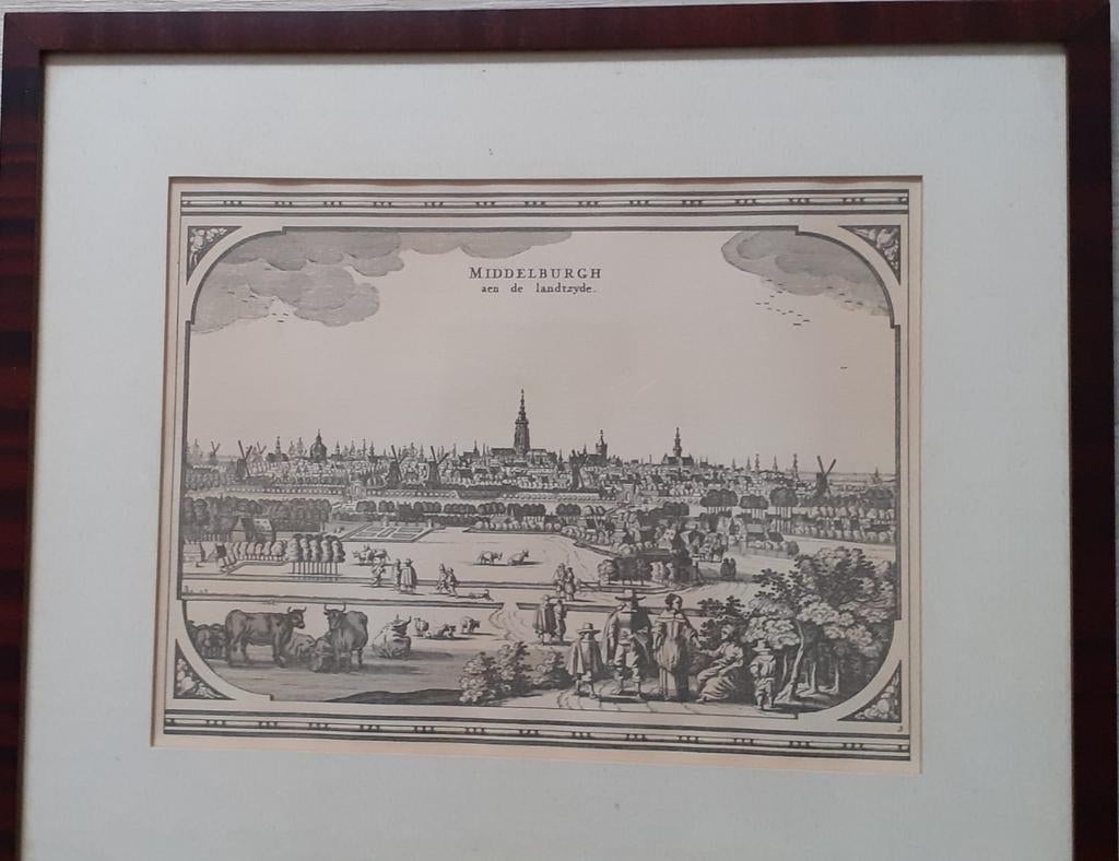 2 ingelijste gravures van Zeeuwse stadsgezichten, Antiek en Kunst, Ingelijst, Stadsgezicht, Ophalen of Verzenden, Gravure