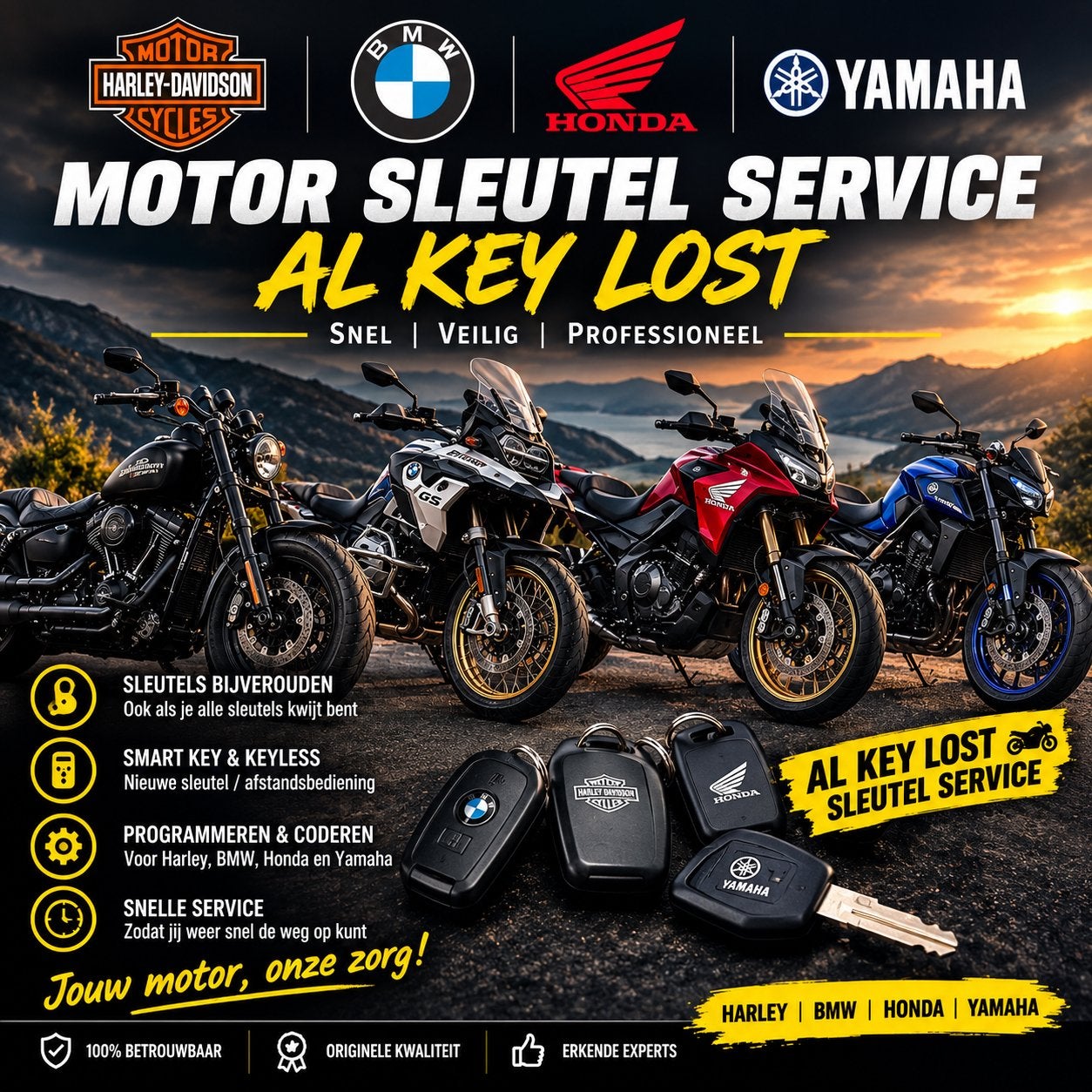 Motor Sleutel Service - Harley-Davidson, BMW, Honda & Yamaha, Eén persoon