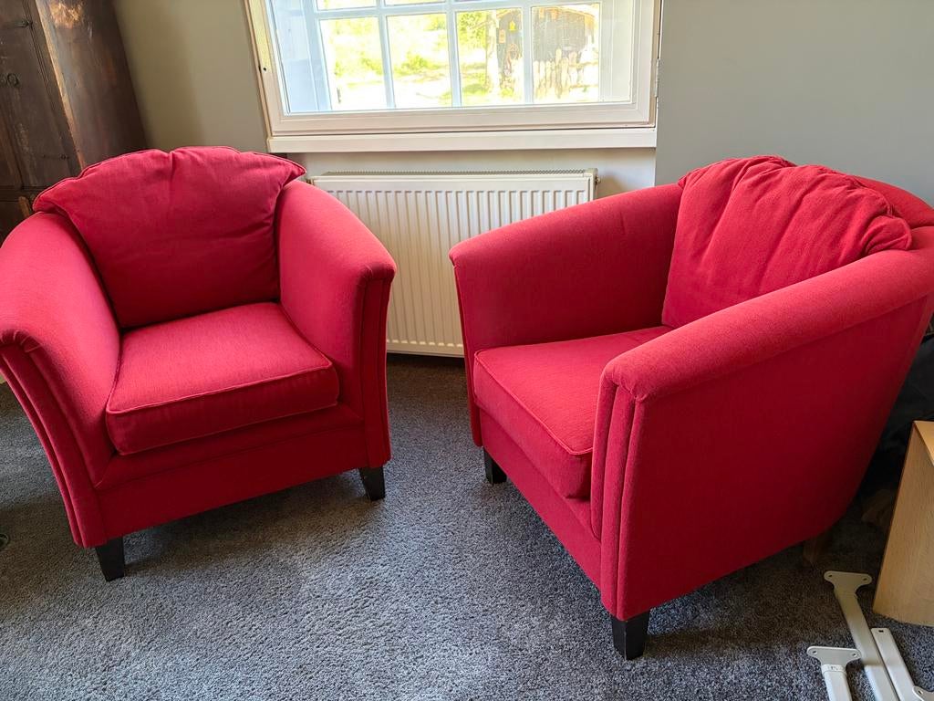 2 rode Kuip fauteuils - Z.g.a.n. prijs p.s., Ophalen of Verzenden, Zo goed als nieuw, Stof, 75 tot 100 cm