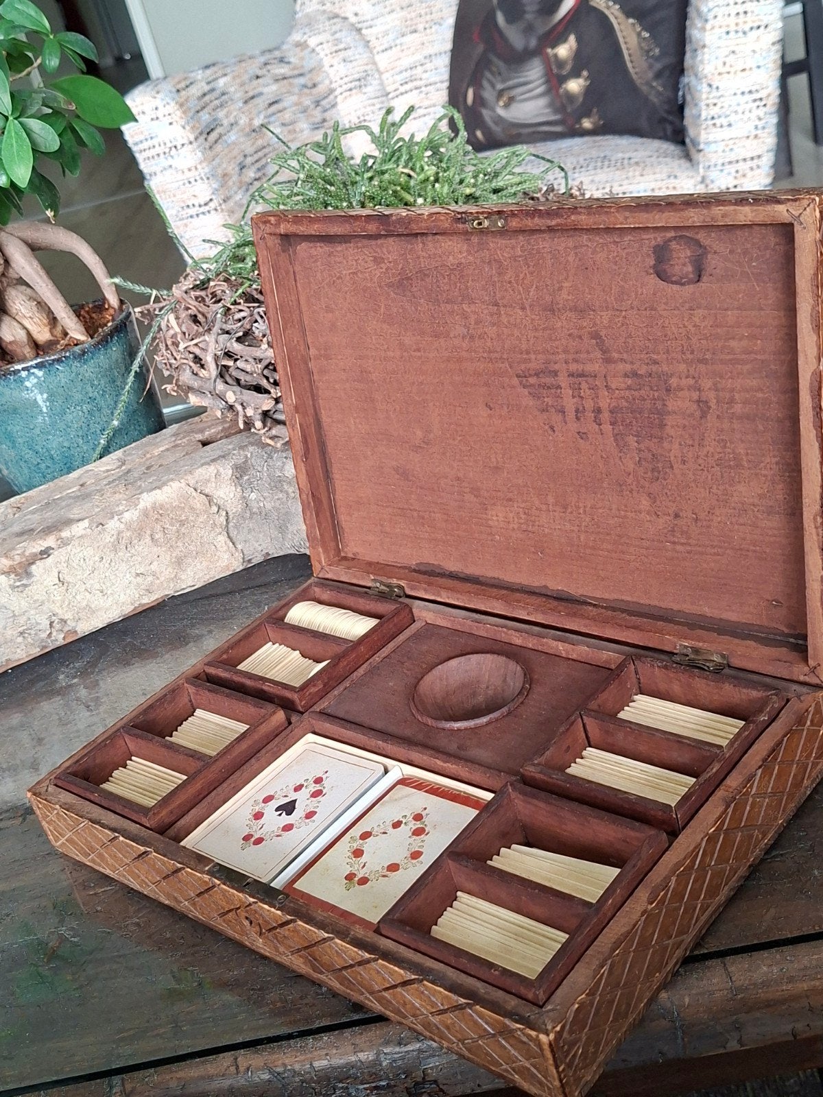 Franse houten kist met speelkaarten en fiches pokerkist, Antiek en Kunst, Ophalen of Verzenden
