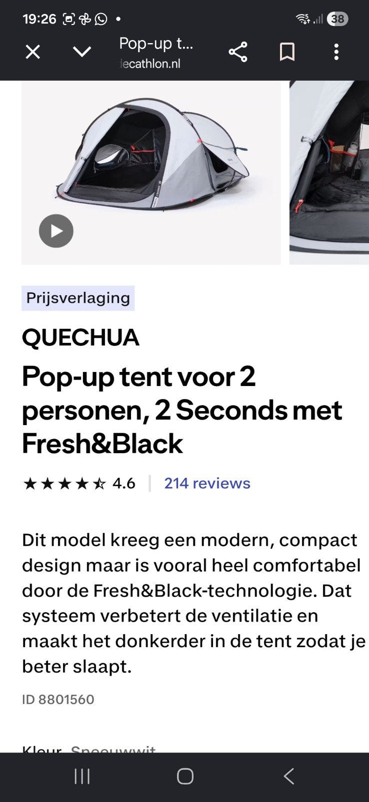 1x popup tent 2 personen, Caravans en Kamperen, Tenten, Ophalen, Zo goed als nieuw, Tot en met 2