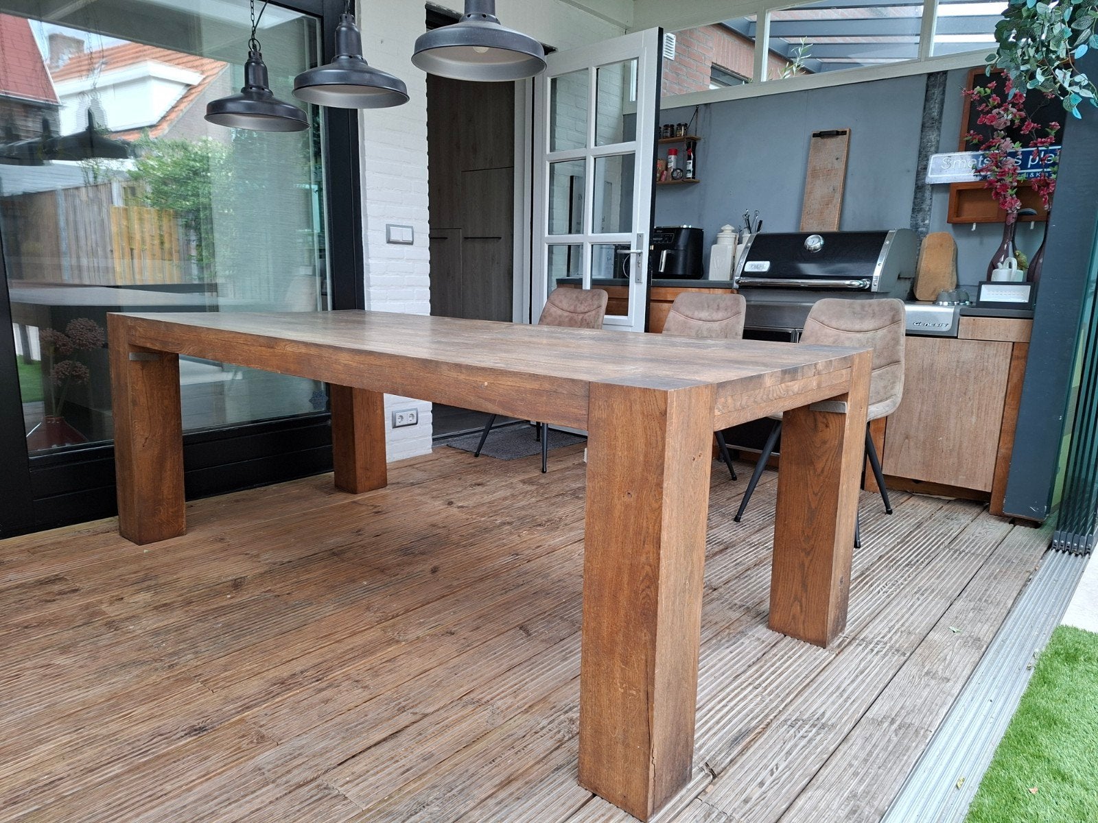 Robuuste houten eettafel - 2.20m x 1.05m, Huis en Inrichting, Tafels | Eettafels, Ophalen, Gebruikt, 100 tot 150 cm, Landelijk, Robuust