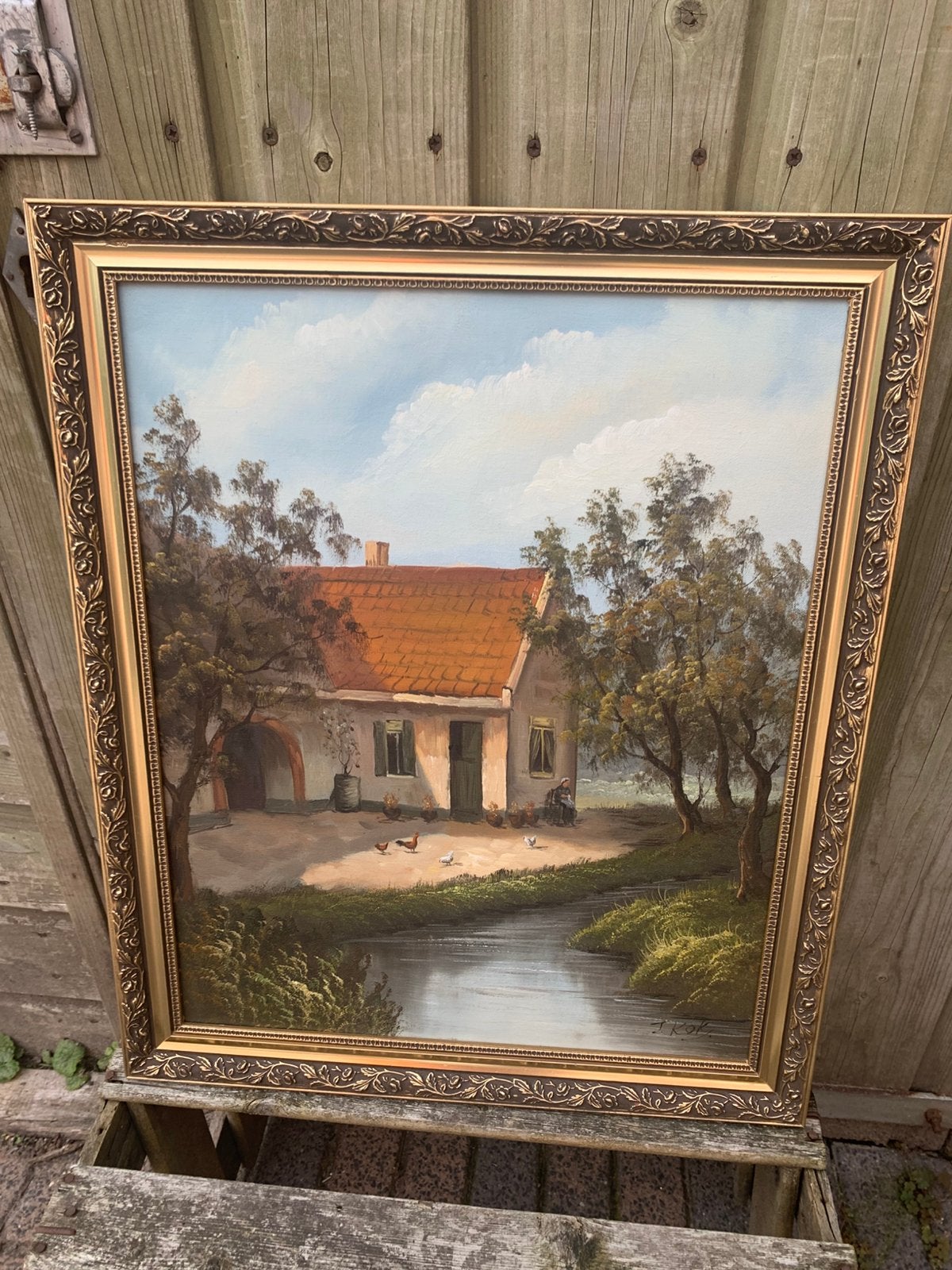 Olieverfschilderij boerenhoeve met kippen, Antiek en Kunst, Nederlandse school, Olieverf, Stads- / dorpsgezicht, Ingelijst