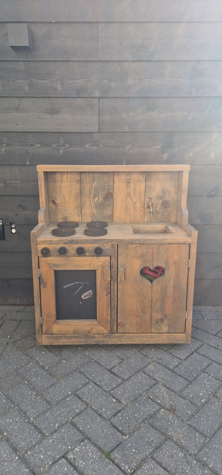 Steigerhouten speelkeuken (op wielen) met toebehoren., Ophalen, Gebruikt, Hout, Speelkeuken