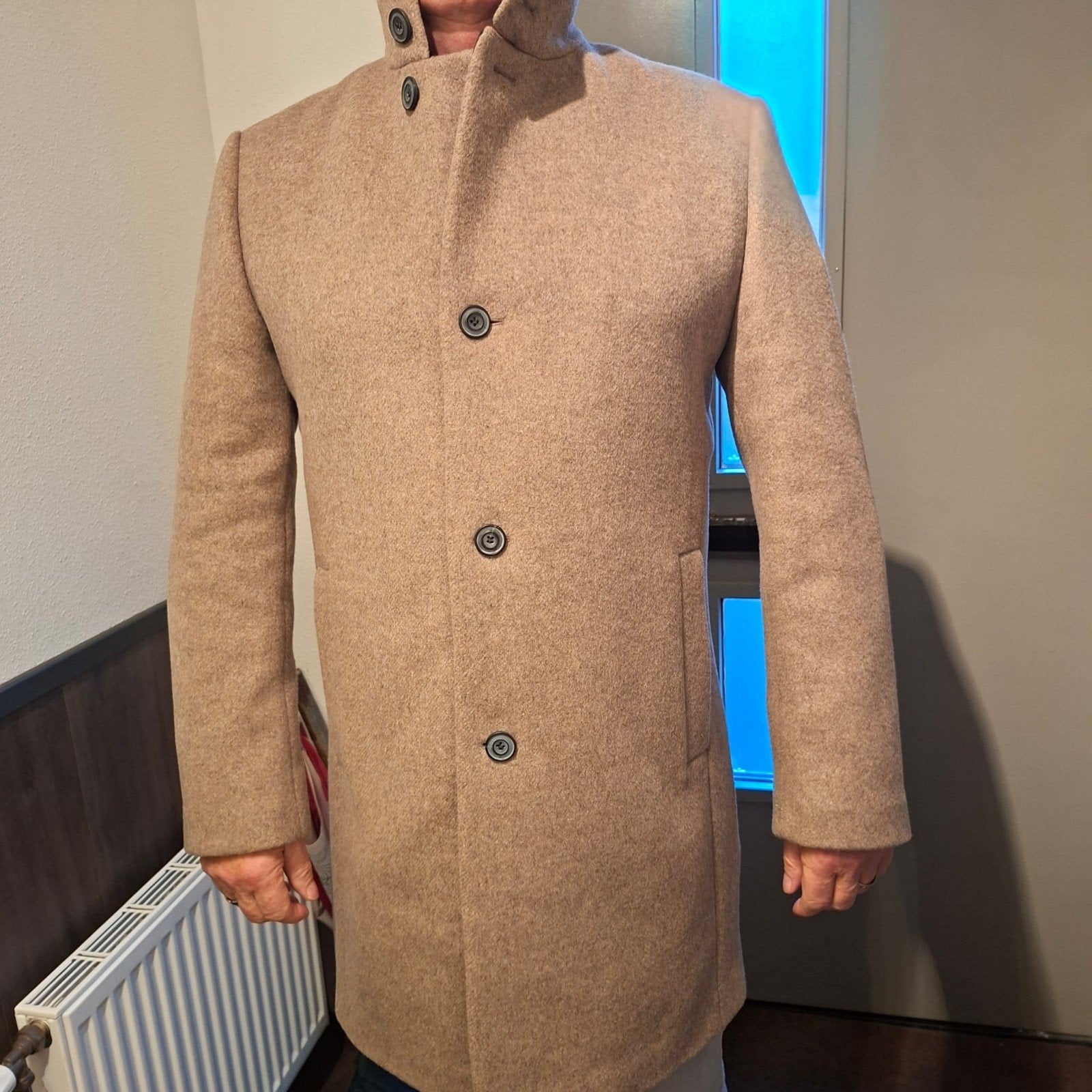 Hugo Boss Wollen Jas - Beige - Maat L, Ophalen, Maat 52/54 (L), Beige, Nieuw