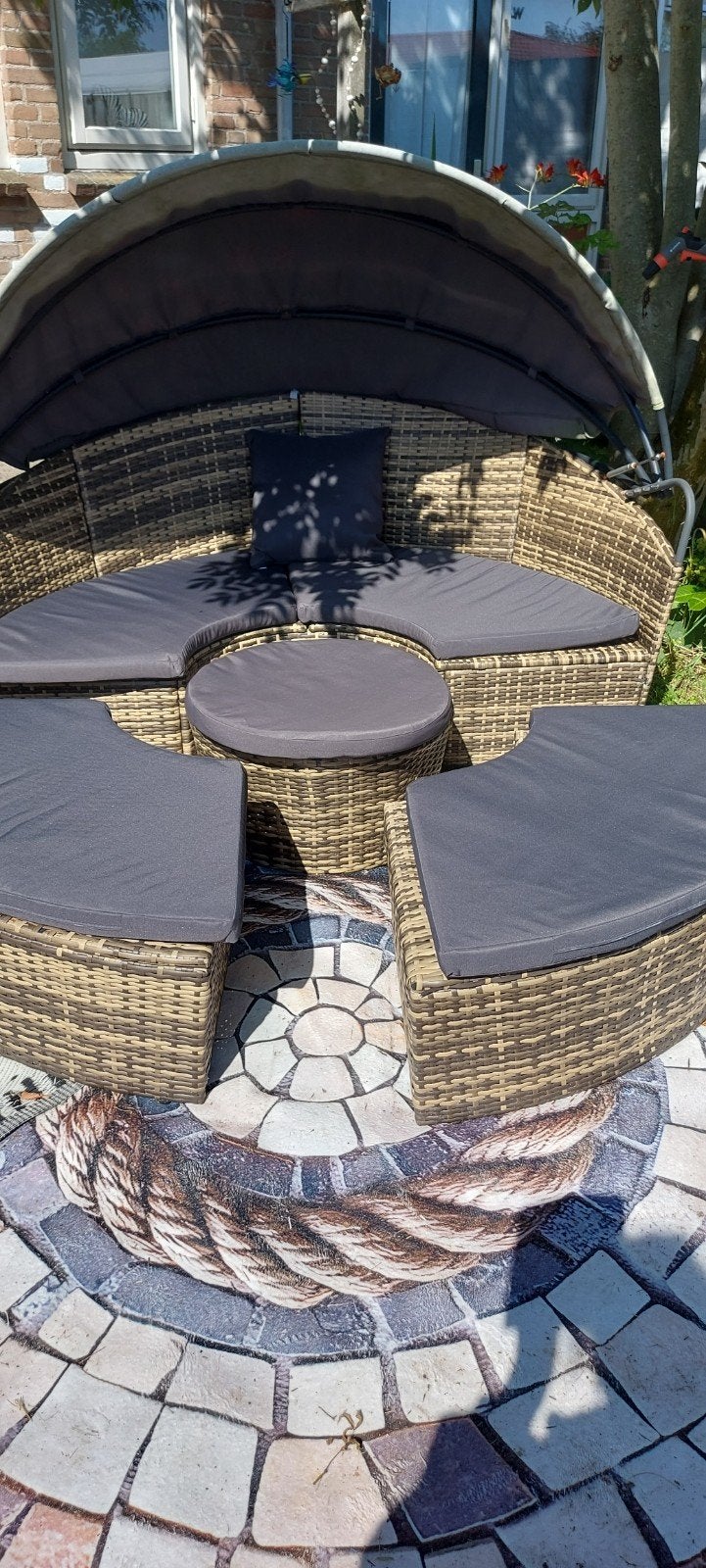 Wicker Tuin Lounge Set met Zonnescherm, Tuin en Terras, Ophalen, 4 zitplaatsen, Gebruikt, Bank