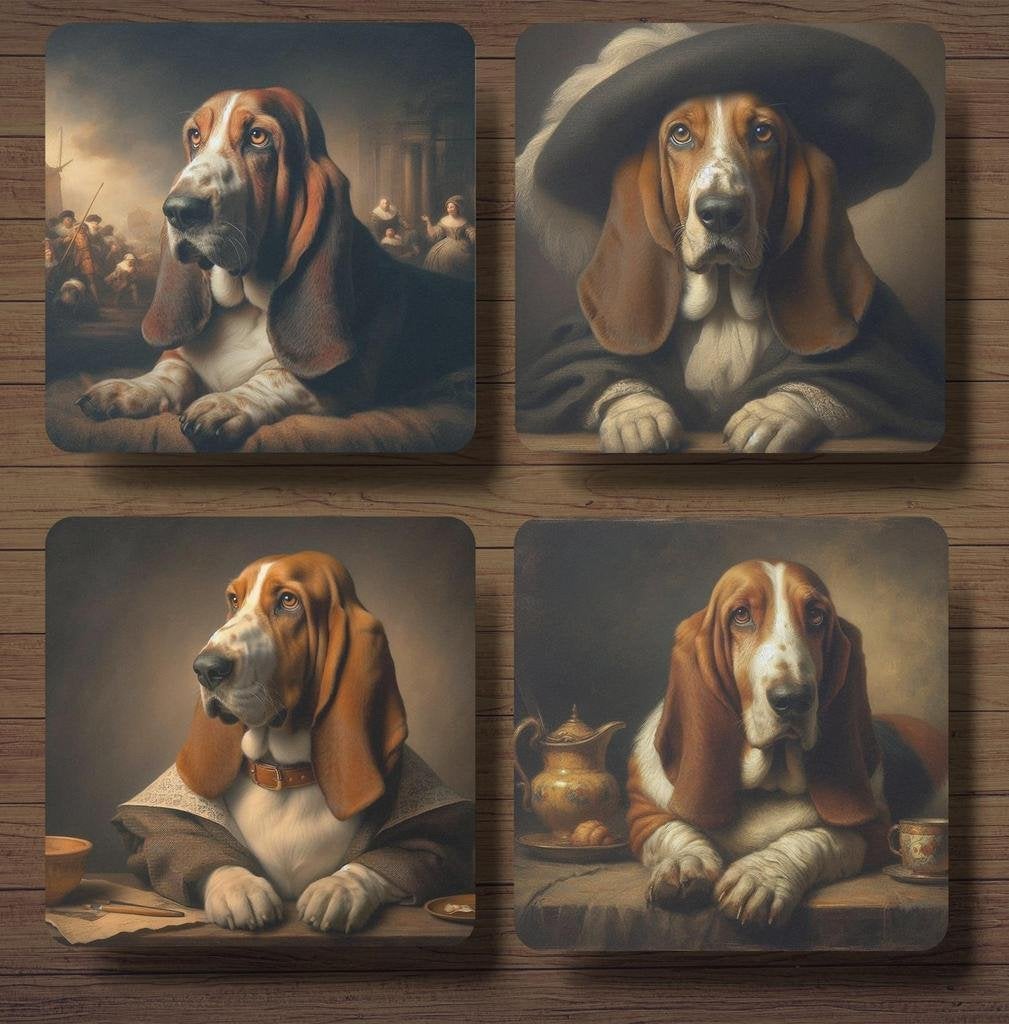 Basset Hound Rembrandt stijl onderzetters met houder, Ophalen of Verzenden, Nieuw