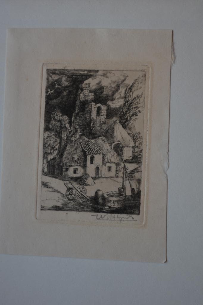 WILLEM NIJS Mooie kwaliteit surrealistisch gesigneerd Ets E1, Antiek en Kunst, 9 cm, 6 cm, Origineel, Landschap