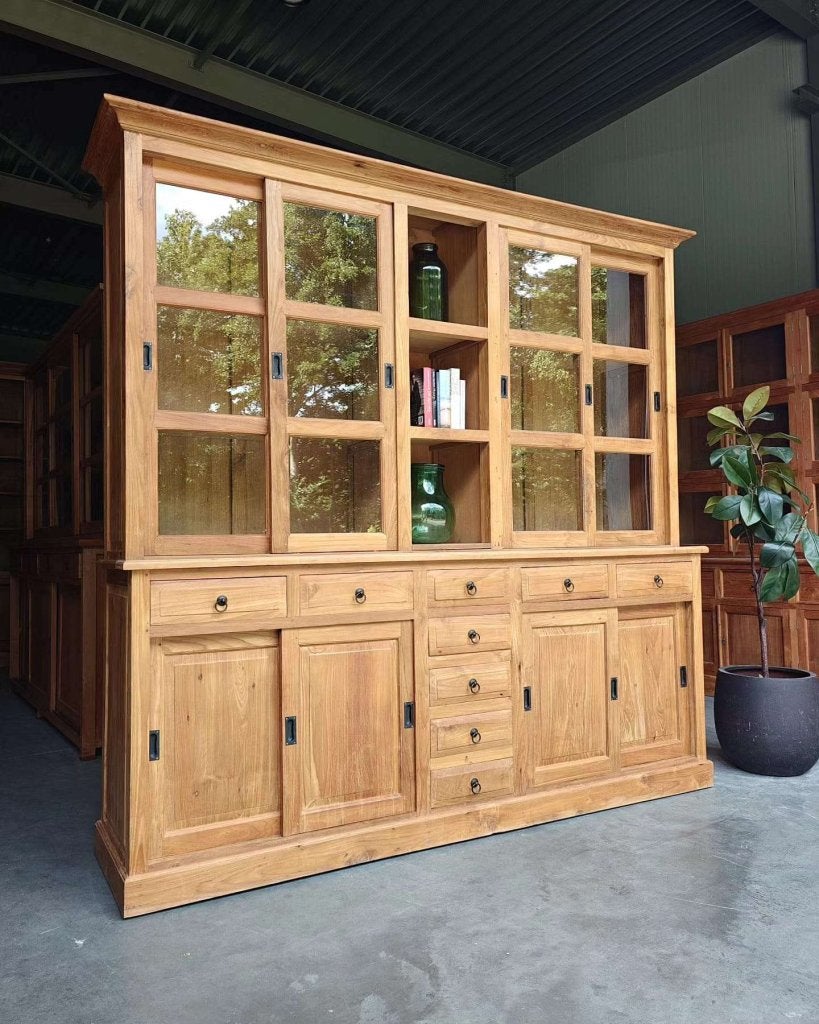 Grote teakhouten winkelkast | Brede buffetkast teak #3330, Gebruikt, -, 200 cm of meer, -
