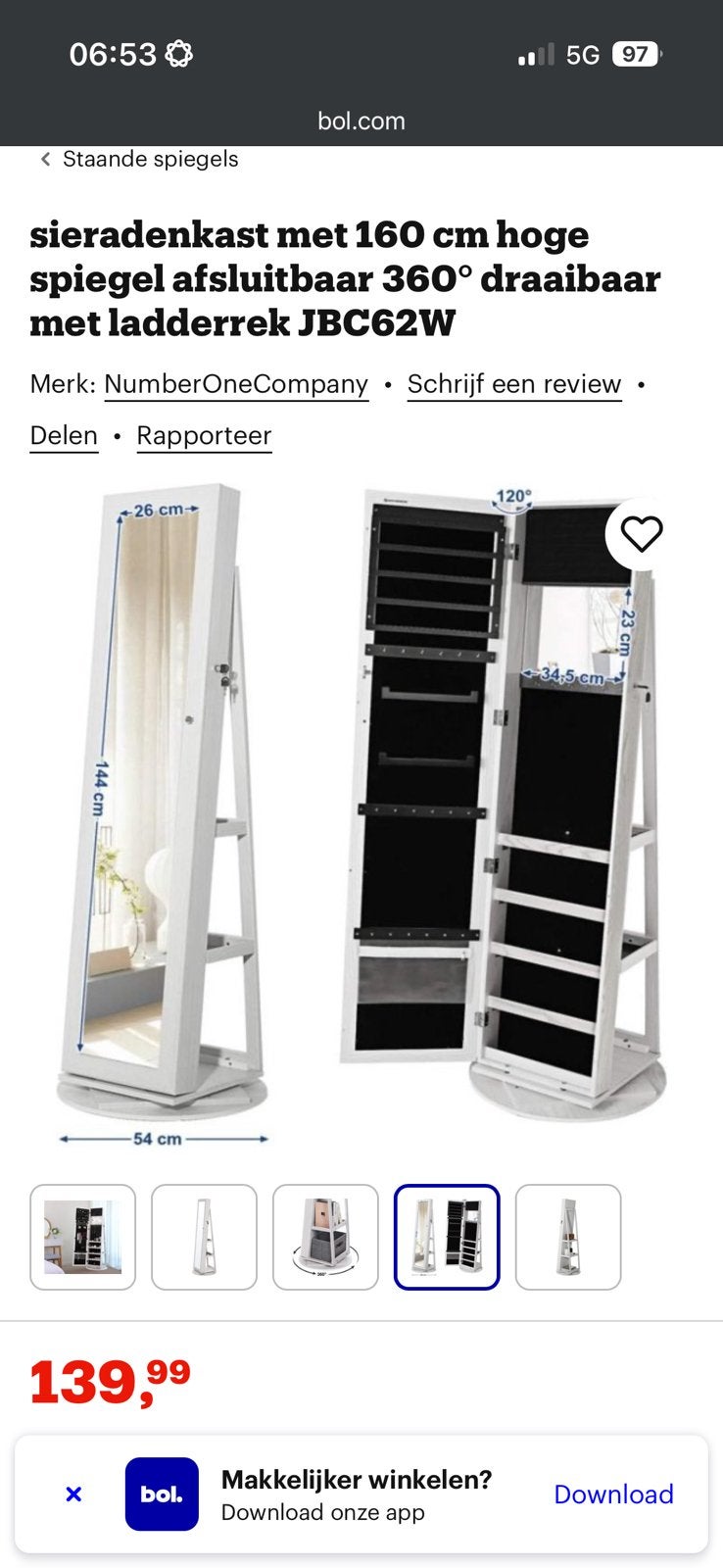 Draaibare Sieradenkast met Opbergruimte 160 cm, Huis en Inrichting, Woonaccessoires | Spiegels, Ophalen, Minder dan 50 cm, Zo goed als nieuw