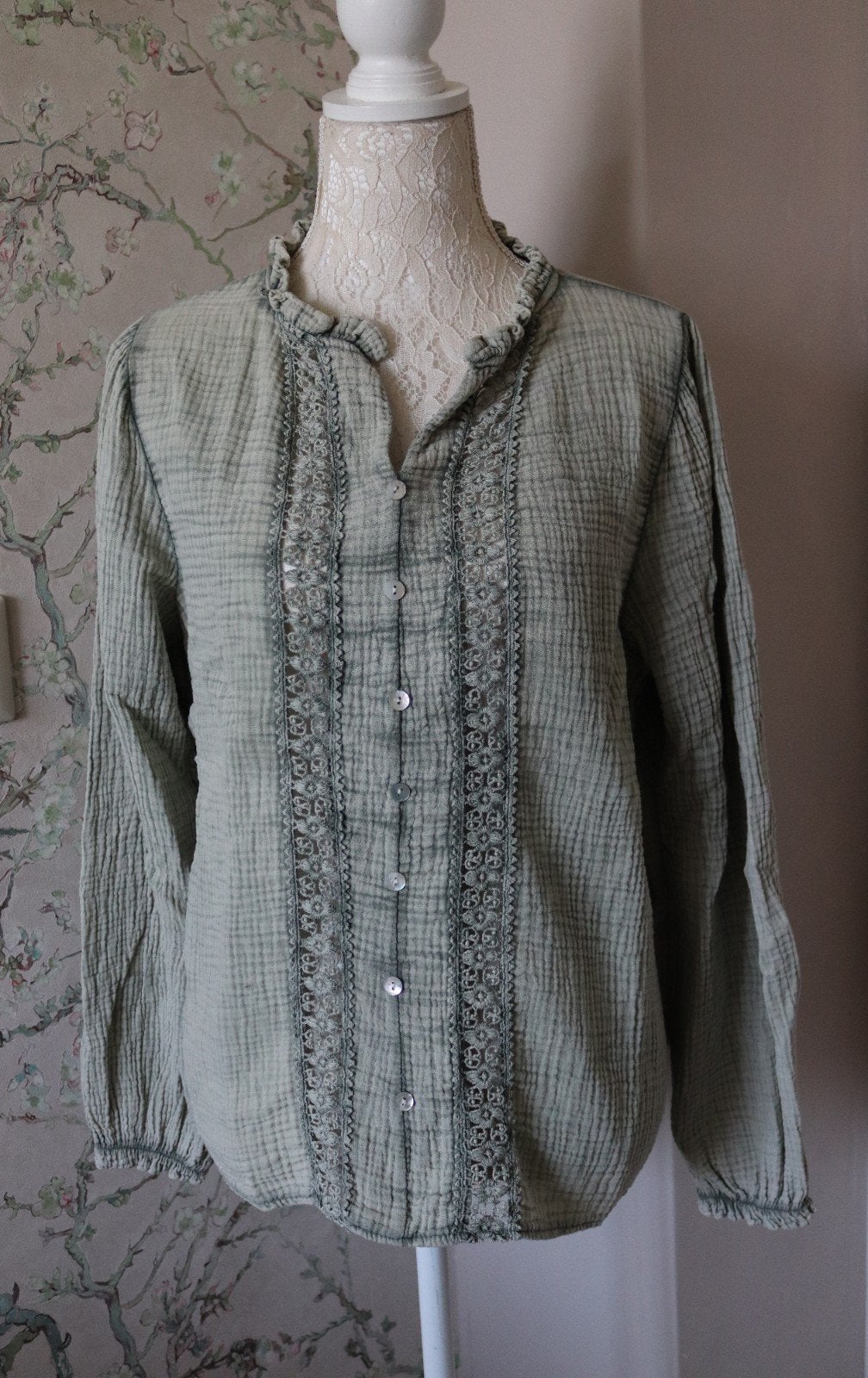 Boho blouse met kant – maat M – saliegroen, Ophalen of Verzenden, Zo goed als nieuw, Maat 38/40 (M), Groen