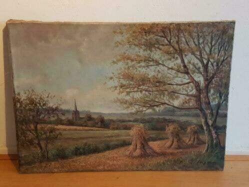 Jaap visser glooiend hollands landschap korenschoven, Antiek en Kunst, Ophalen
